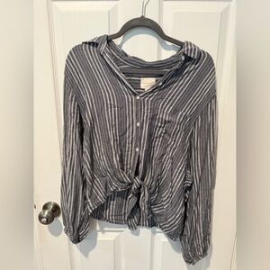 American Eagle Outfitters Navy/Gray Striped Button-Down Knot Shirt